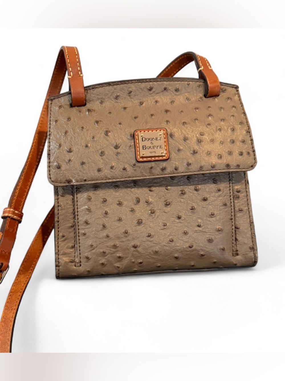 Dooney & Bourke Taupe Ostrich-Embossed Crossbody with Tan Trim - Picture 2 of 5